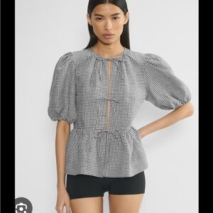 Aritzia Black & White Gingham Puff-Sleeve Tie-Front Top